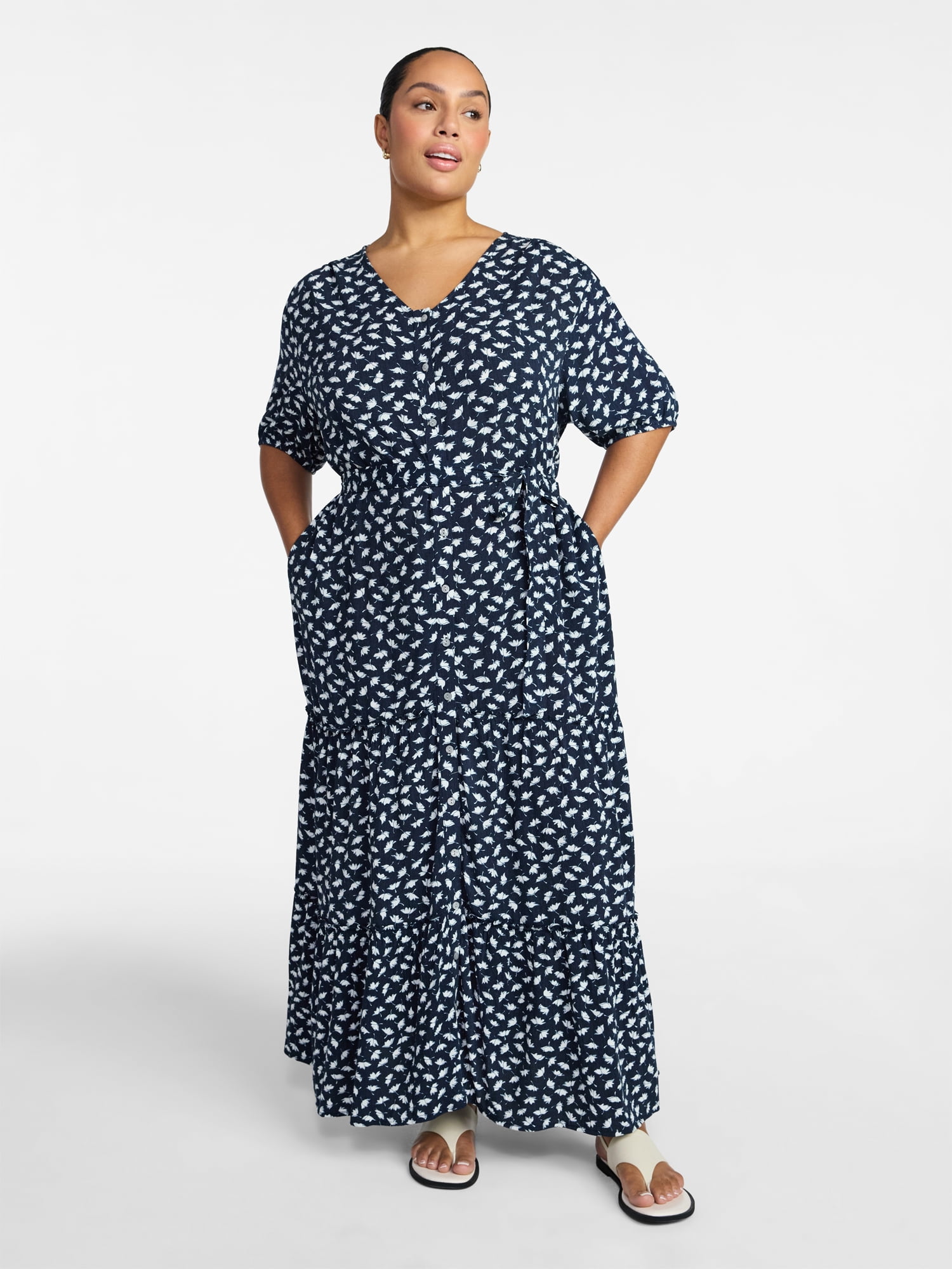 Time and Tru Women’s Crinkle Maxi Dress with Short Sleeves, Sizes XS-XXXL