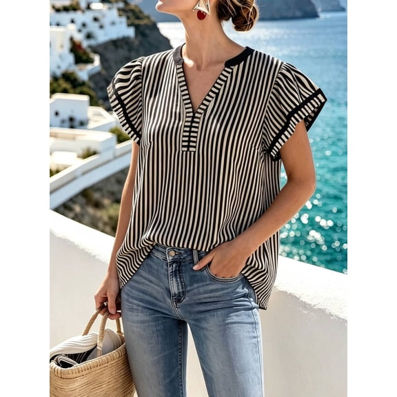 Women's Striped V-Neck Top, Short Puff Sleeve Loose Fit Blouse for Vacation, Beach, Everyday & Casual Wear