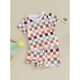 thumbnail image 3 of Suealasg Kids Boys Summer Outfits Clothes 6M 1T 2T 3T Toddler Boys Short Sleeve Crewneck Tops and Checkerboard Print Shorts Sets 2Pcs Causal Clothing for Baby Boy, 3 of 8