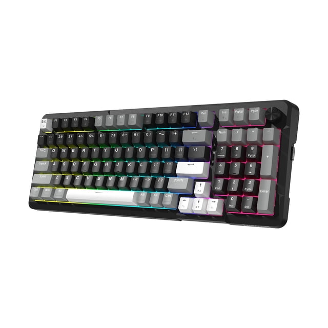 teclado mecánico inalámbrico para juegos redragon k742 black teclado compacto al 98% en negro, vista 3/4 frontal con perilla de volumen en la esquina superior derecha, teclas PBT de doble disparo en gris y blanco, retroiluminación RGB encendida, rueda metálica y teclado numérico integrado; a menudo usado como teclado de productividad para estaciones compactas.