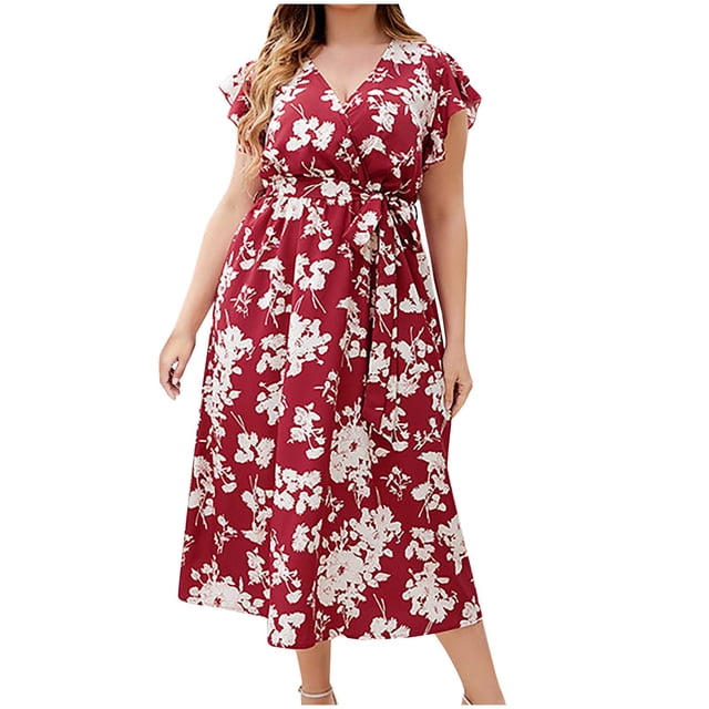 Pisexur Robe Maxi Grande Taille pour Femmes Col en V Décontracté Manches Courtes Fluides Boho Robes d'Été Imprimé Floral Taille Haute Plage Mignonne Robe Maxi Évasée