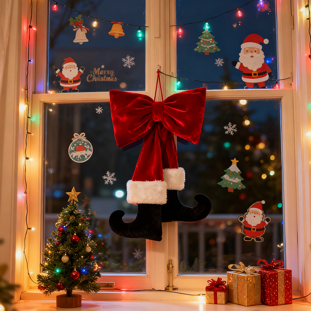 Yucurem Christmas Tree Red Velvet Bow with Santa Legs Hanging Ornaments, 3D Plush Stuffed Christmas Bowknot Pendant for Xmas Tree Garland DIY Craft Wrapping Wall Decor (19.69 in)