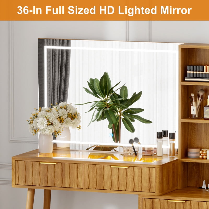 48" Fluted Makeup Vanity Table with 36" LED Mirror & 3 Color Lights Elegant Fluted Vanity Desk with 5 Storage Drawers Open Shelfs Dressing Table with Charging Station & Hair Dryer Rack for Bedroom