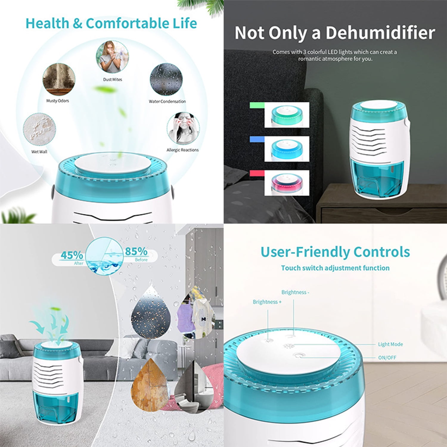 ABCPOW Dehumidifier for Home Room,Portable Handle Small Room Dehumidifier with Auto Shut-Off Energy Saving Quiet 3-Colors Lights Dehumidifiers for Bedroom Bathroom RV Closet Garage