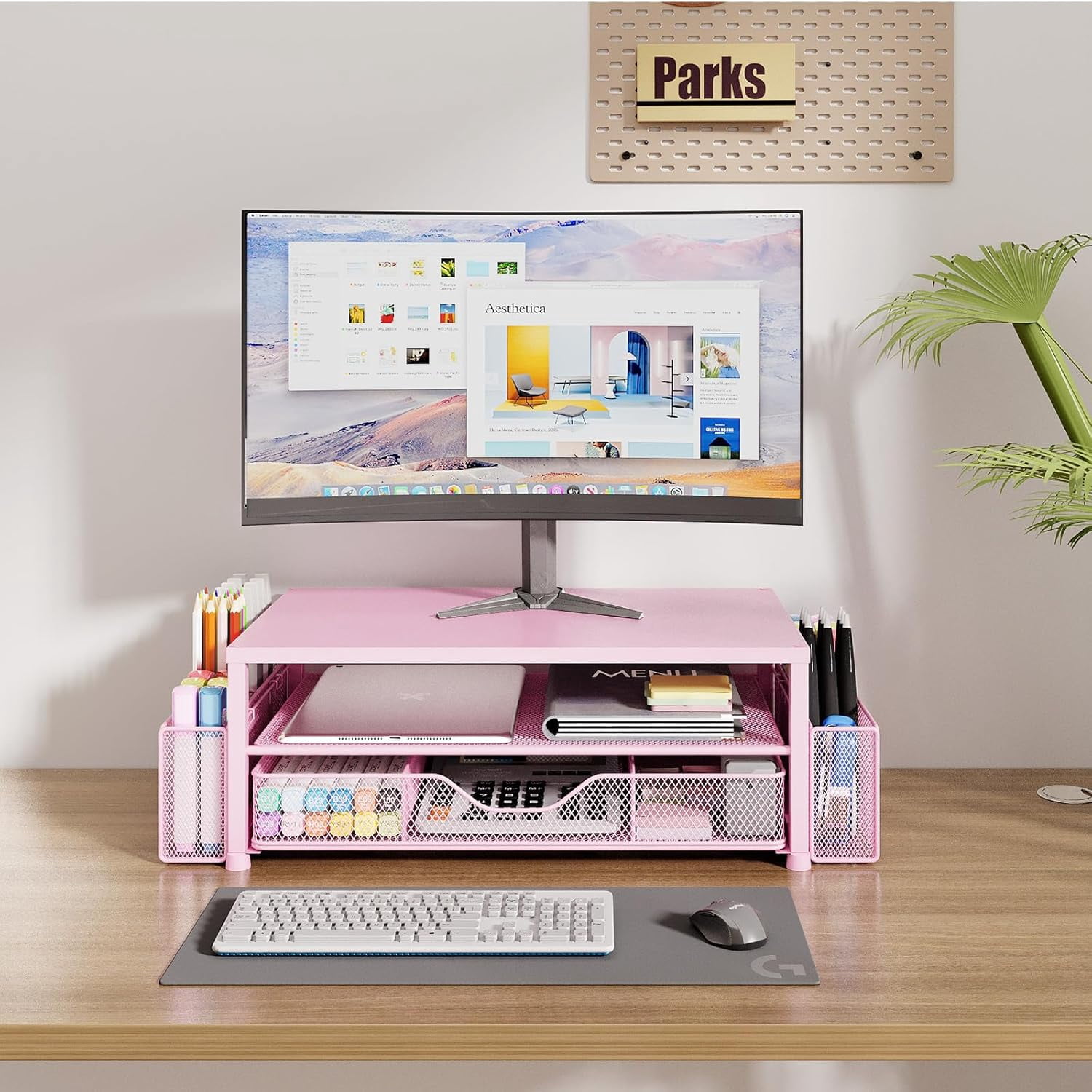 Desk Organizer and Accessories, 2-Tier Computer Monitor Stand with Drawer and 2 Pen Holders, Office Desk Accessories for Office Supplies