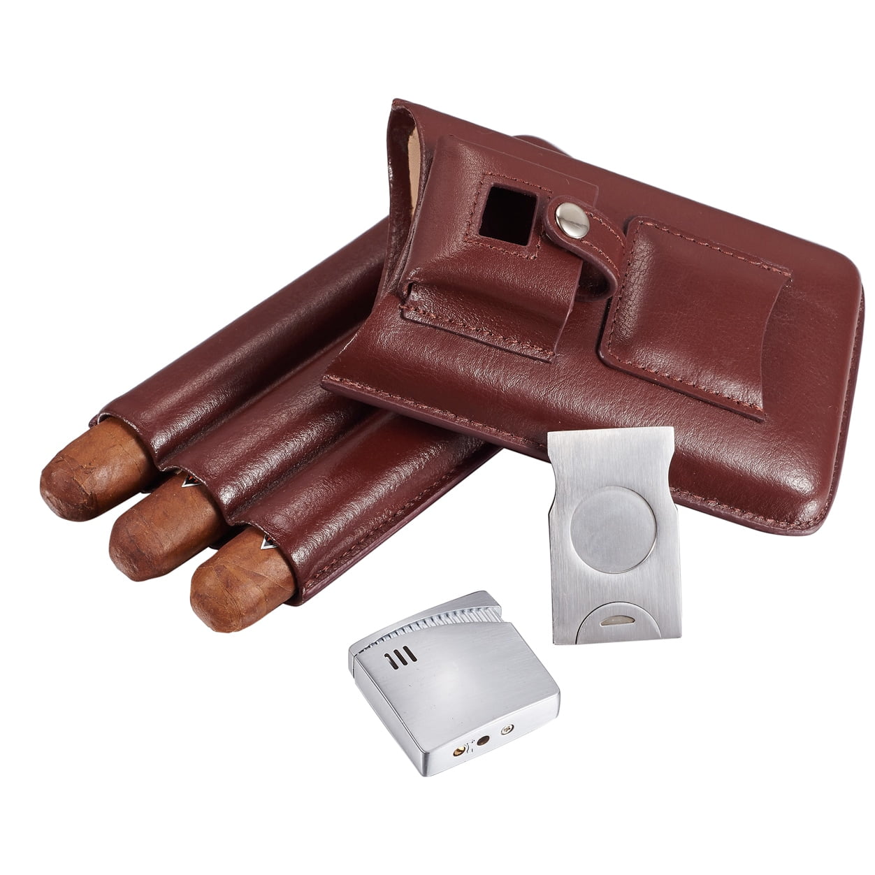 Visol Renly Brown Leather Cigar Case with Lighter and Cutter