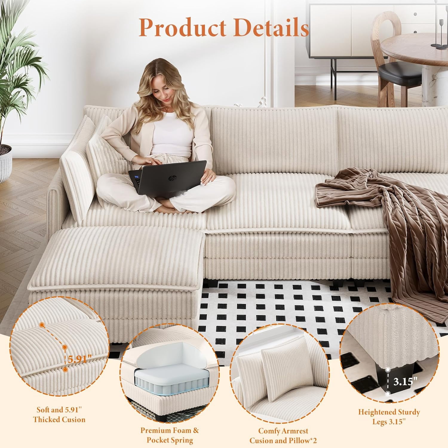 Neche 143" L Shaped Modular Sectional Sofa, Comfy Corduroy Upholstered Modular Sectional Couches for Living Room, Modern Cloud Couch with Ottoman Deep Seat, Beige