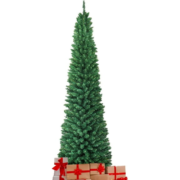 9ft Artificial Pencil Christmas Tree, Unlit Slim Xmas Pine Tree w/ 1500 PVC Branch Tips, Metal Foldable Base, Ideal for Holiday Home Office Party Decor, Green