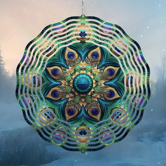 HELLOYOUNG 10in Laser Cut Metal Wind Spinner, Peacock Feather Mandala Stakes for Garden Yard Decor, Rotating Kinetic Art Outdoor Gift