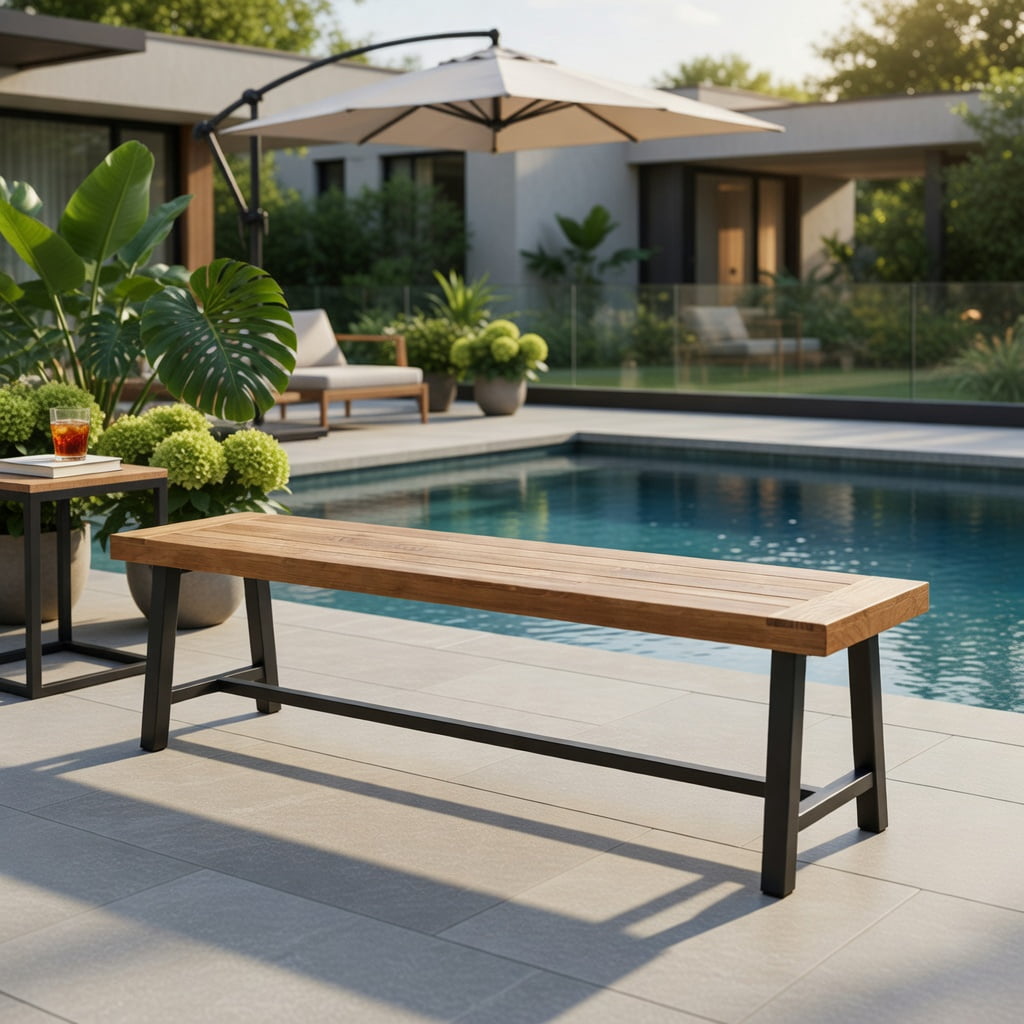 Hommoo 63" Acacia Wood Outdoor Patio Bench for 3 People, Metal-Framed Garden Seating, Heavy-Duty, Natural