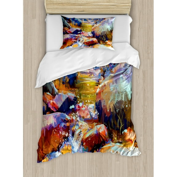 Fantasy Art House Decor Twin Size Duvet Cover Set, Waterfall with Rock Stones in the River Acrylic Stylized Digital Picture, Decorative 2 Piece Bedding Set with 1 Pillow Sham, Multi, by Ambesonne