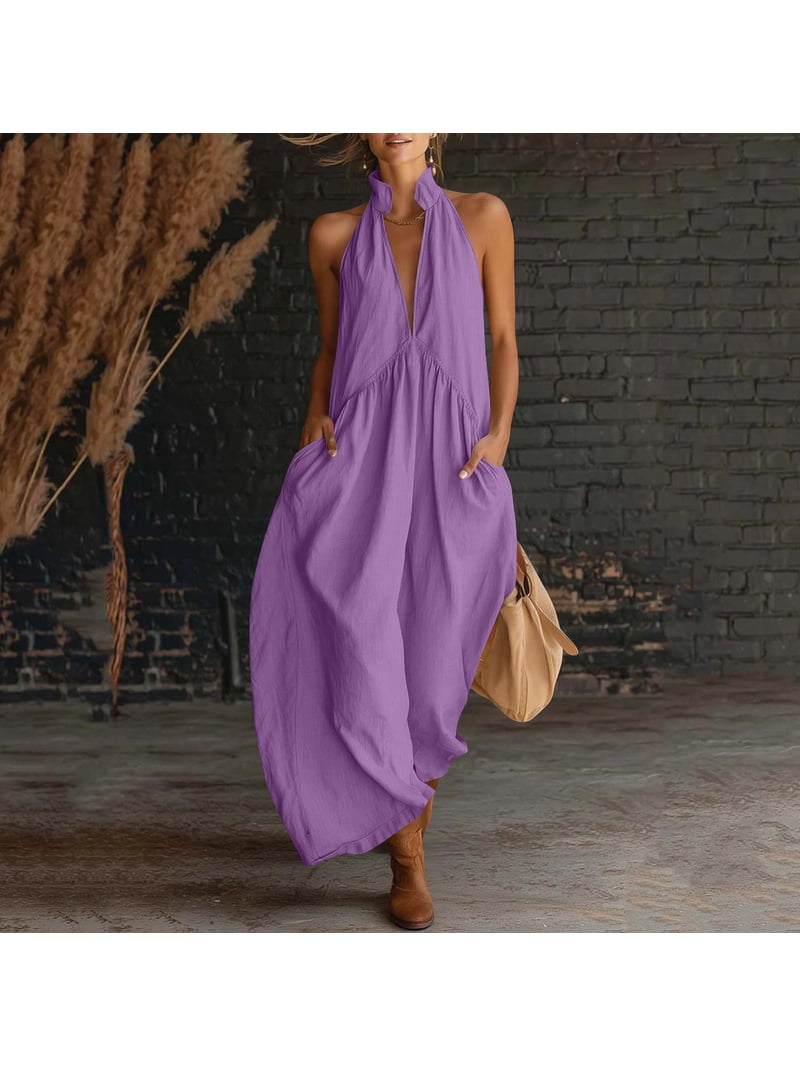 Afuyipoi Womens Cotton Linen Halter Neck Backless Maxi Dress With Pockets, Loose Flowy Pleated Long Dress, Soft Breathable Casual Summer Beach