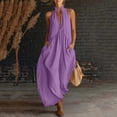 thumbnail image 2 of Afuyipoi Womens Cotton Linen Halter Neck Backless Maxi Dress With Pockets, Loose Flowy Pleated Long Dress, Soft Breathable Casual Summer Beach Vacation Dress For Women Purple Size L, 2 of 7