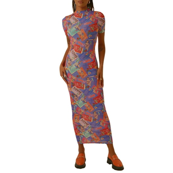Sedceaty Women Short Sleeve Dress Elegant Print Round Neck Summer Party Bodycon Dress Beach Holiday Streetwear