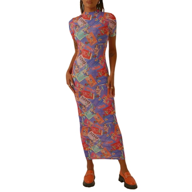 Txlixc Vestido de manga corta femenino elegante impresión de cuello redondo vestido de fiesta de verano Txlixc moda