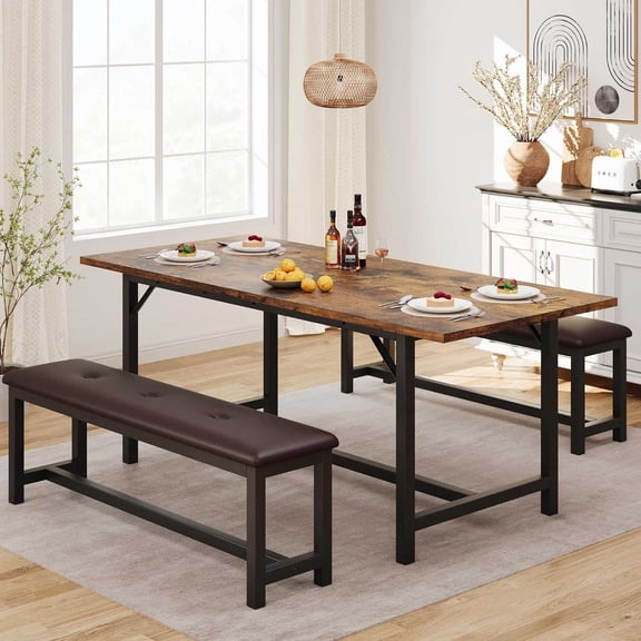 Dining Table Set for 4-6, 3 Piece Large Extendable Kitchen Table Set for 4-6, Rectangle Kitchen Table Set with 2 Upholstered Benches for Apartment, Dining Room, Space Save, Retro Brown