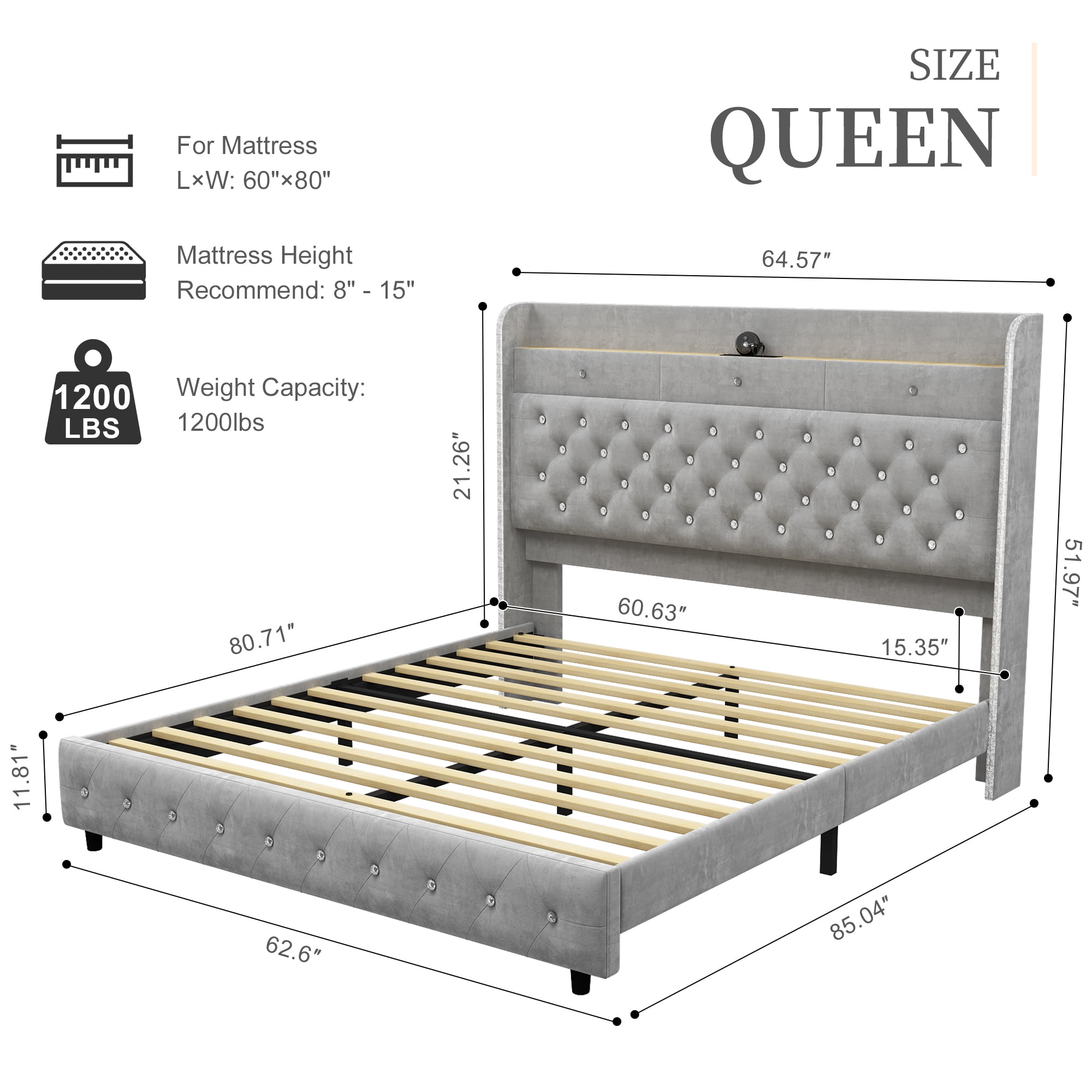 SIBEDS Queen LED Bed Frame with Crystal Tufted Upholstered Headboard, Galaxy Projector, USB Charging, Velvet Gray