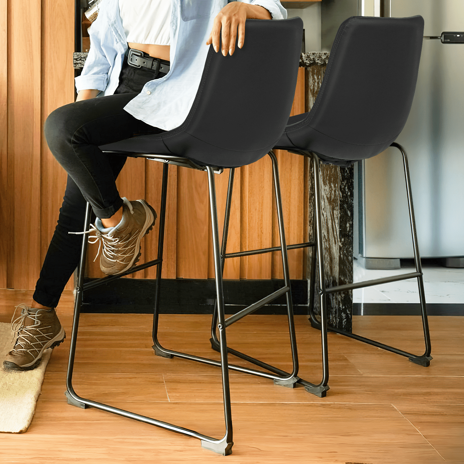 Magshion Modern Barstools Set of 4, PU Leather Counter Height Bar Stools, Dining Pub Chairs with Padded Bucket Seat, Black