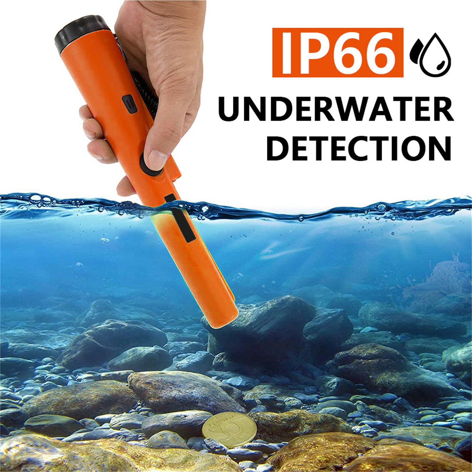 > Metal Detector Pinpointer IP66 Waterproof Handheld Metal Detector Wand with LED Flashlight Vibration & Audio Alarm 360°Scan Treasure Hunting Tool for Gold Coins
