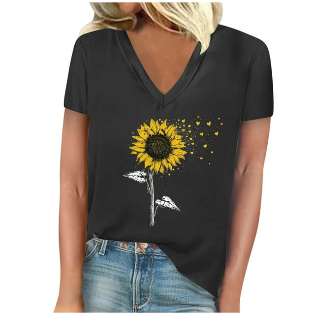 Camisetas de Manga Corta para las Mujeres, Impresión de Cuello en V Camiseta Casual Top Hecho de 95% Poliéster 5% Spandex para el Uso Diario de Primavera Verano, Camisetas para las Mujeres Casual