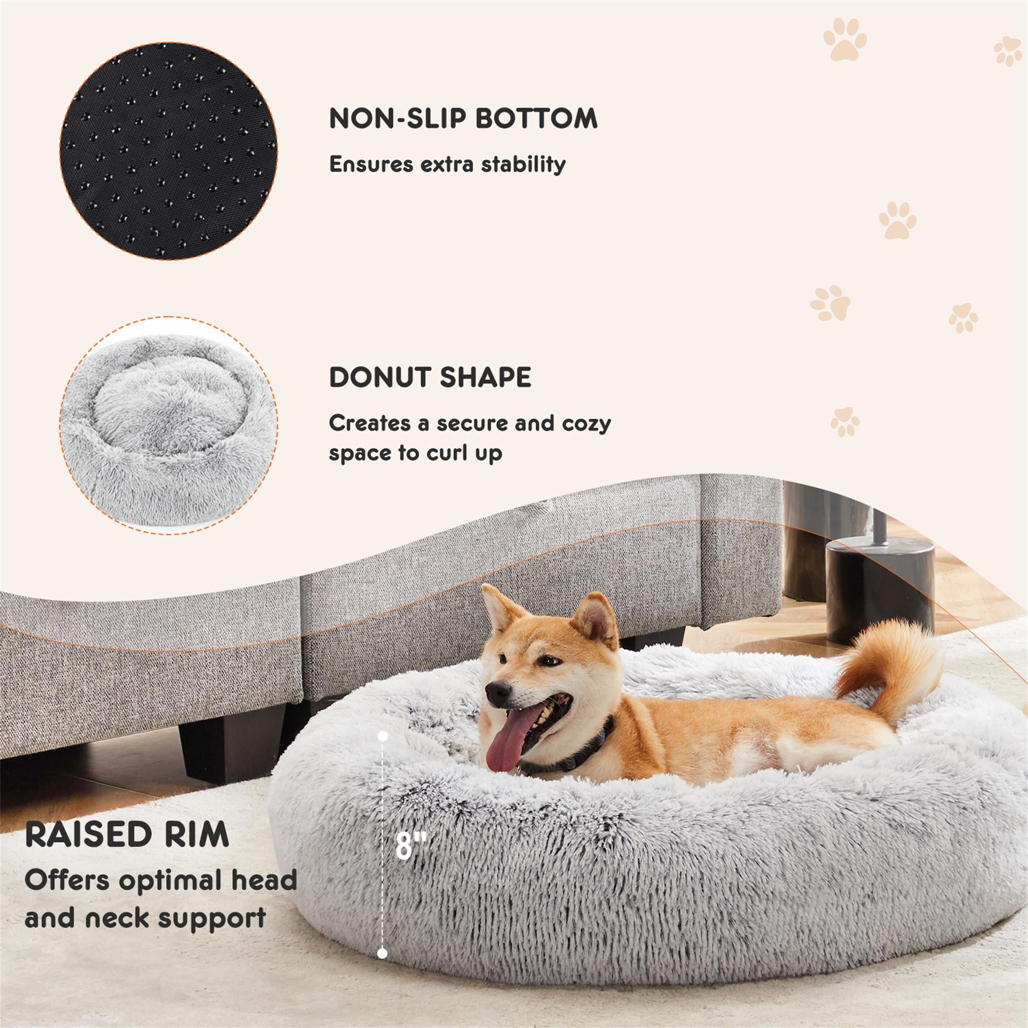 Kadyn 24" Calming Dog and Cat Beds for Small Medium Dogs, Anti-Anxiety Donut Cuddler Warming Cozy Soft Round Pet Sofa Bed, Gray