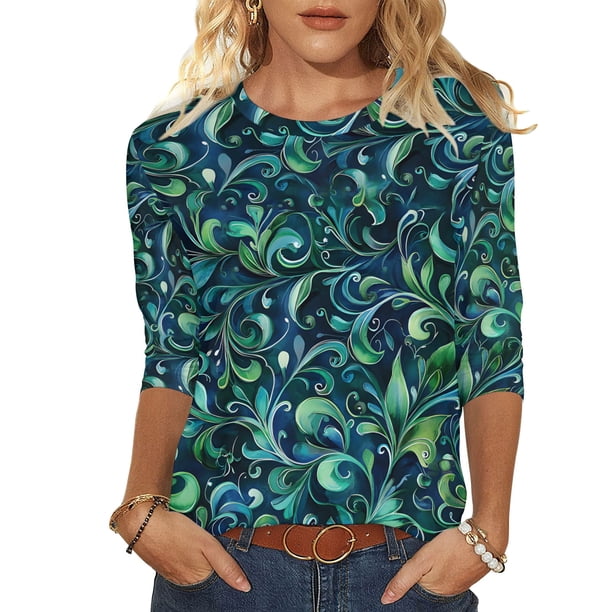 Camiseta Floral Casual de Cuello Redondo Impresa de las Flores de Manga Larga de la Mujer para el Uso Diario de la Primavera
