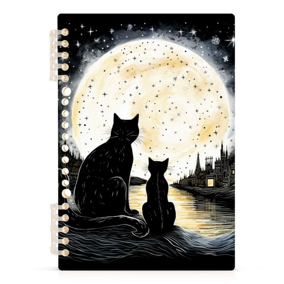 Cat in Night with Moon Spiral Journal Notebook College Ruled Notebook 8.3" x 5.7" A5 Lined Thick Paper Page