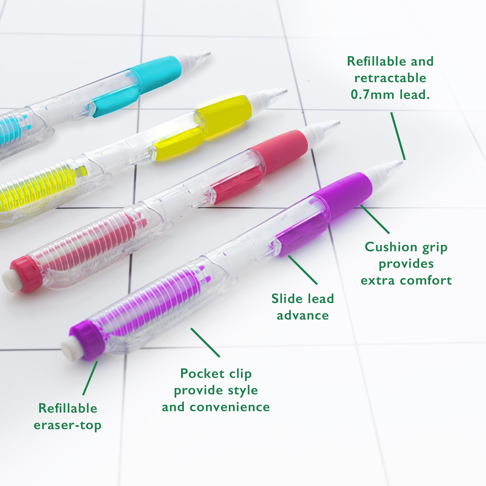BAZIC Crown 0.7mm Mechanical Pencil w/ Ceramic Lead Refills, Colorful Comfort Grip Latex Free Eraser, 24-Pack