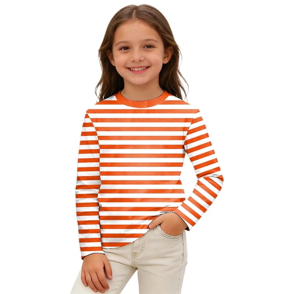 WOYY Girls Long Sleeve Stripes T-Shirt Casual Crewneck Top for Kids Daily Wear, Sizes 3-14