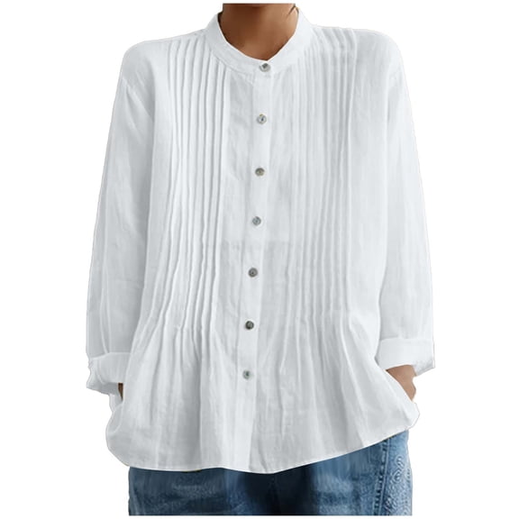Purcolt Women's Long Sleeve Pleated Shirts V Neck Button Down Tunic Top Dressy Casual Loose Fit Basic Tee Shirt Blouses