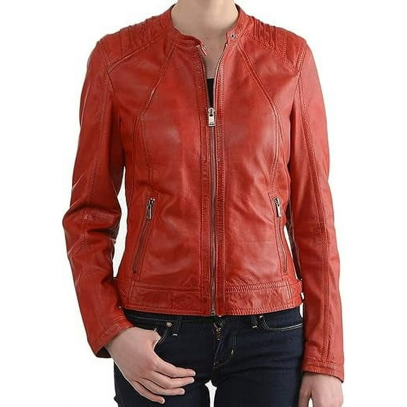 New Women's Red Lambskin Leather Jacket Stylish Slim Fit Motorcycle Jacket W659