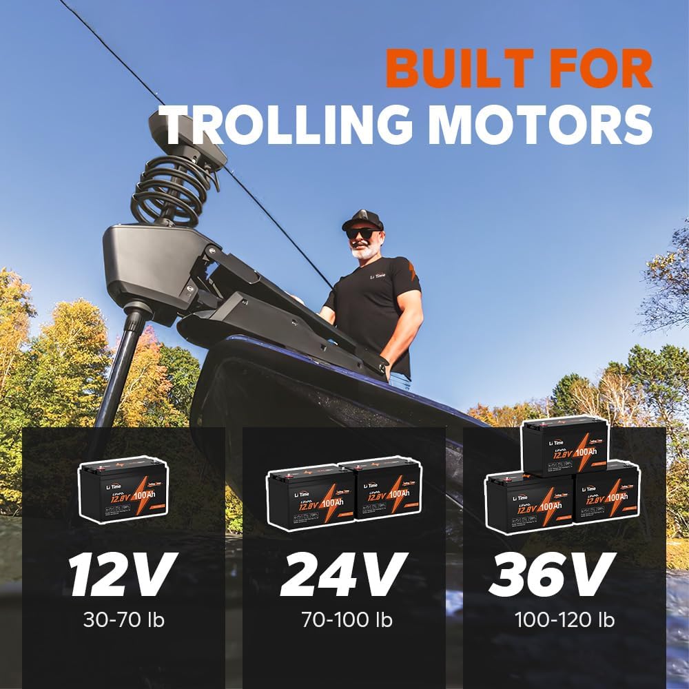 LiTime 12V 100Ah LiFePO4 Battery Low Temp Protection Trolling Motors Battery with 14.6V10A Charger