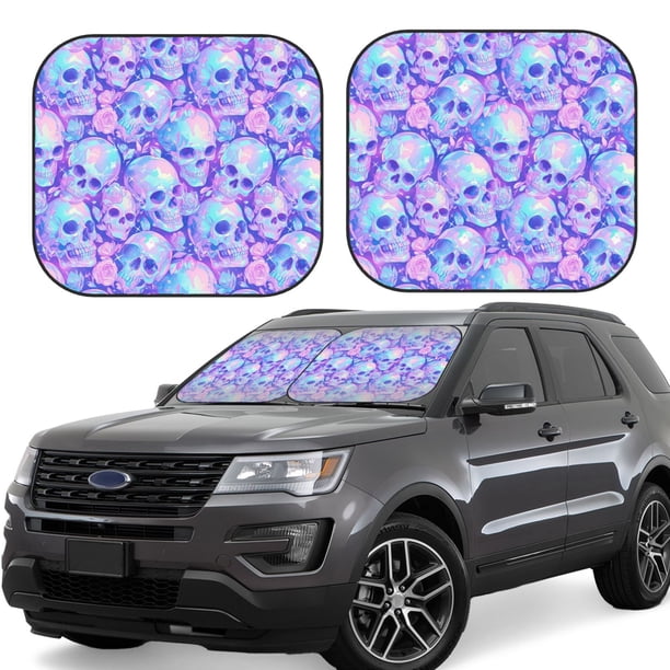 Fotbe Blue Skull Daisy Juego de 2 Piezas de Parasoles para Parabrisas | Bloqueador Solar para Auto | Accesorios Plegables para Protección Solar Interior-Large