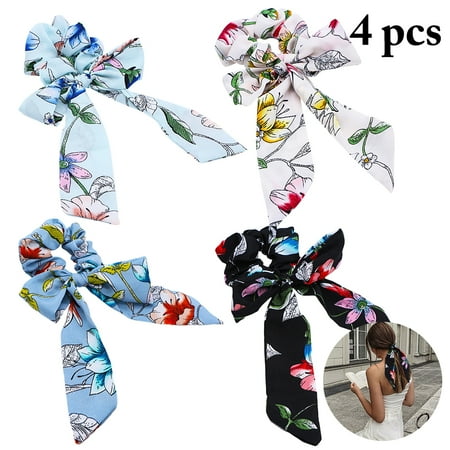 Ribbon Hair Ties Sephora 4PCS Floral Print Ribbon Hair Ties Womens Hair Scrunchies Summer Hair Bands Hair Accessories for Ladies ()