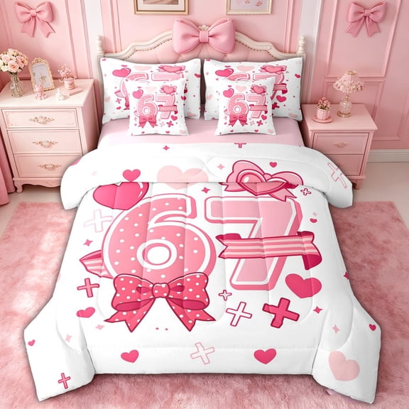 spefrowx Cute Number 67 Twin Bedding for Girls, Pink Polka Dot Bow Heart Bedding Comforter Set, Pink Reversible, 7pcs