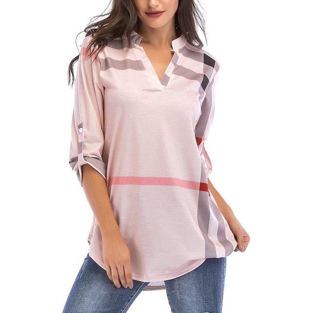 Blusa tipo túnica con cuello en V y mangas 3/4 enrollables para mujer