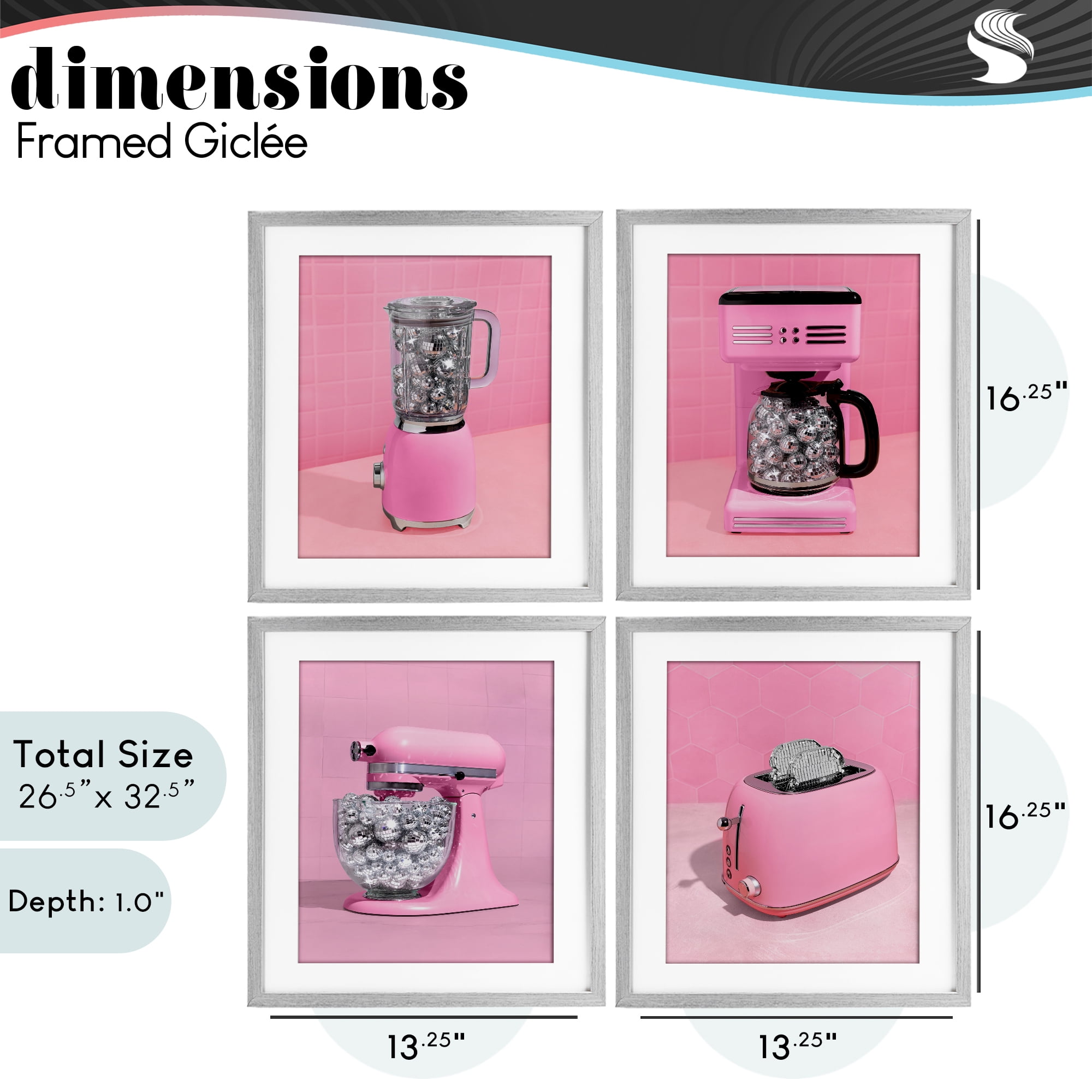 Stupell Industries Disco Drink Blender over Pink 4 Piece Gray Framed Print Under Glass Set, design by LISH Creative