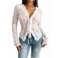 thumbnail image 3 of Women'S V Neck Lace Sheer Top Mesh See Through Shirts Open Front Tie Long Sleeve Blouses Y2k Going Out Tops Pink XL, 3 of 10