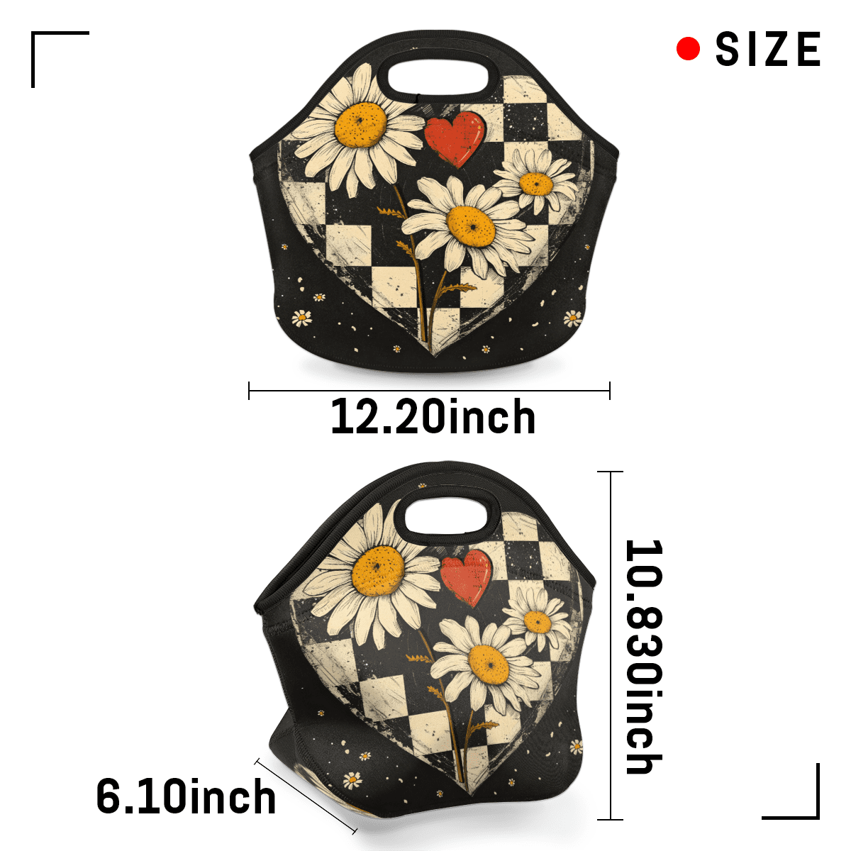 Herdesigns Daisy Floral Neoprene Lunch Bag, Modern Insulated Lunch Box for Women Men Washable Lunch Tote Soft Lunch Container With Zipper for Work Picnic Travel