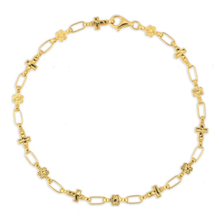 Kristen Kesho Flower & Cross Link Sterling Silver 14K Gold-Plated Diamond  Cut Chain Bracelet, Adjustable 7-7.5