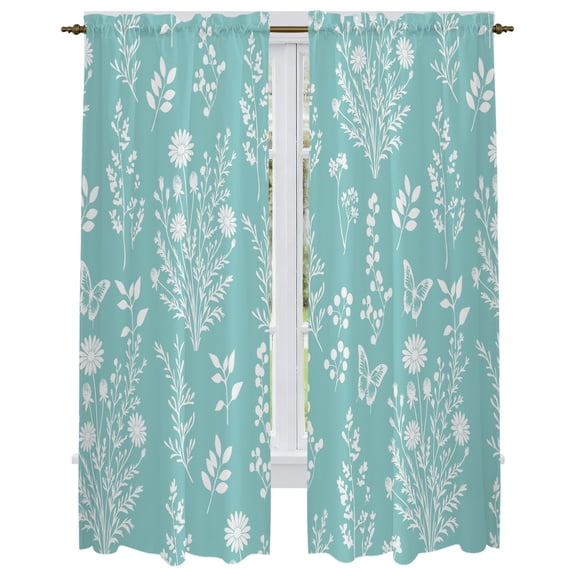 Mint Green Botanical Kitchen Curtain for Berdoom Living Room Cafe 72 Inch Length, Spring Summer Chic Wildflowers Tiers Curtains Light Filtering Drapes Rod Pocket Window Treatment 2 Panels 52"Wx72"L