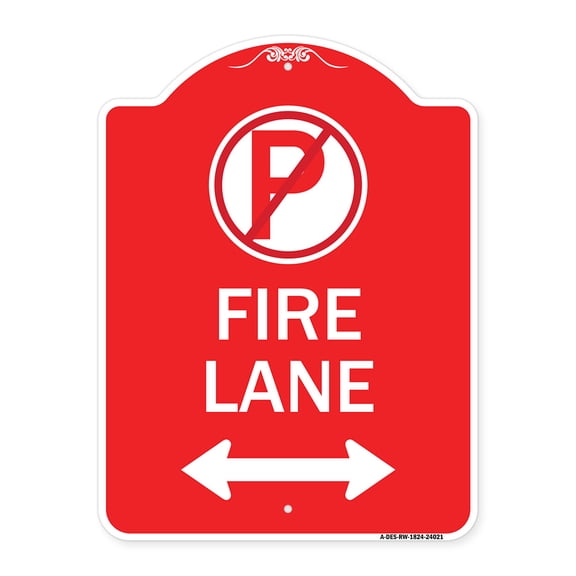 SignMission A-DES-RW-1824-24021 18 x 24 in. Designer Series Sign - Fire Lane with No Parking Symbol & Arrow Pointing Left & Right, Red & White