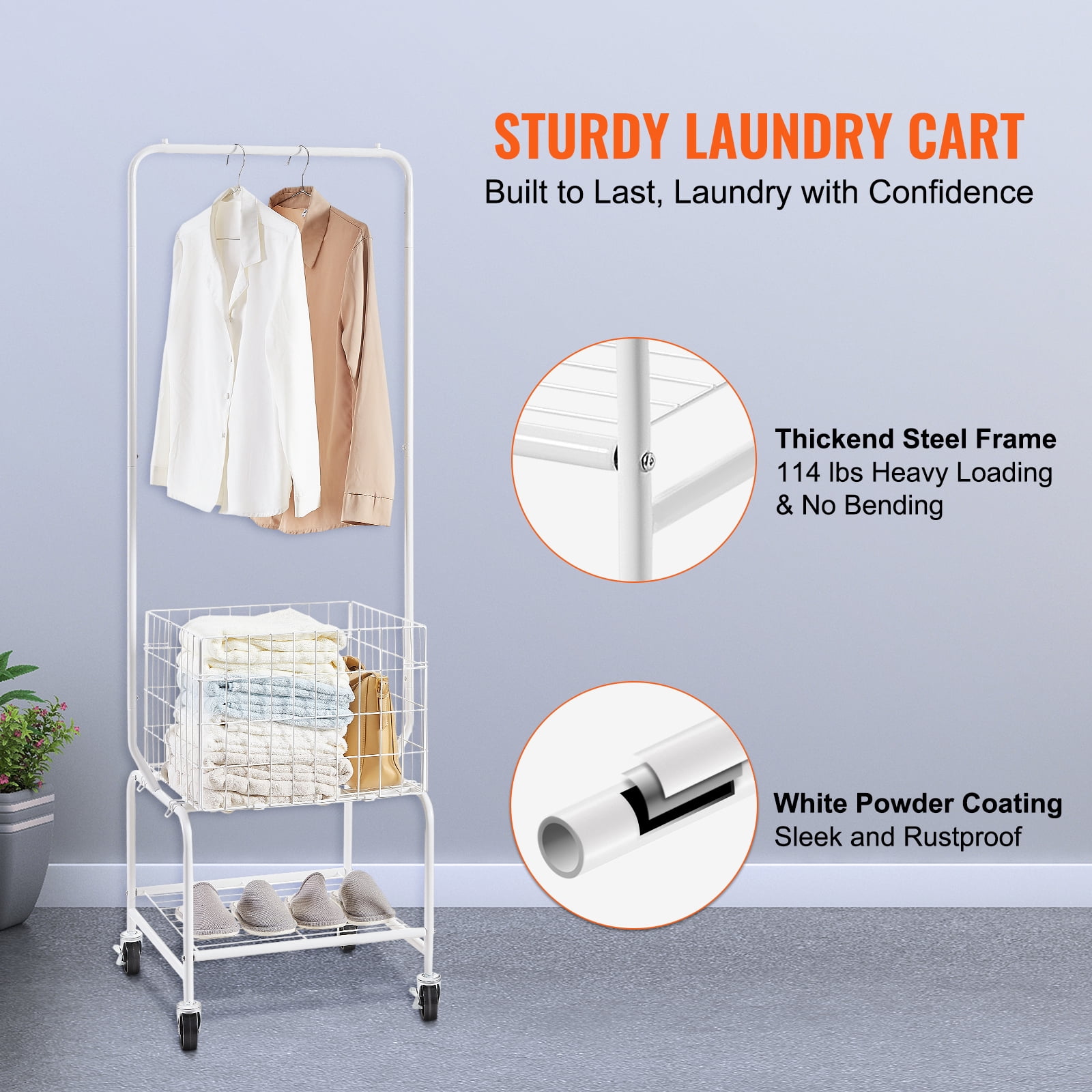 KFFKFF Laundry Cart, Laundry Basket with Wheel and Adjustable Clothes Hanger, Height Adjustable Laundry Butler with Basket