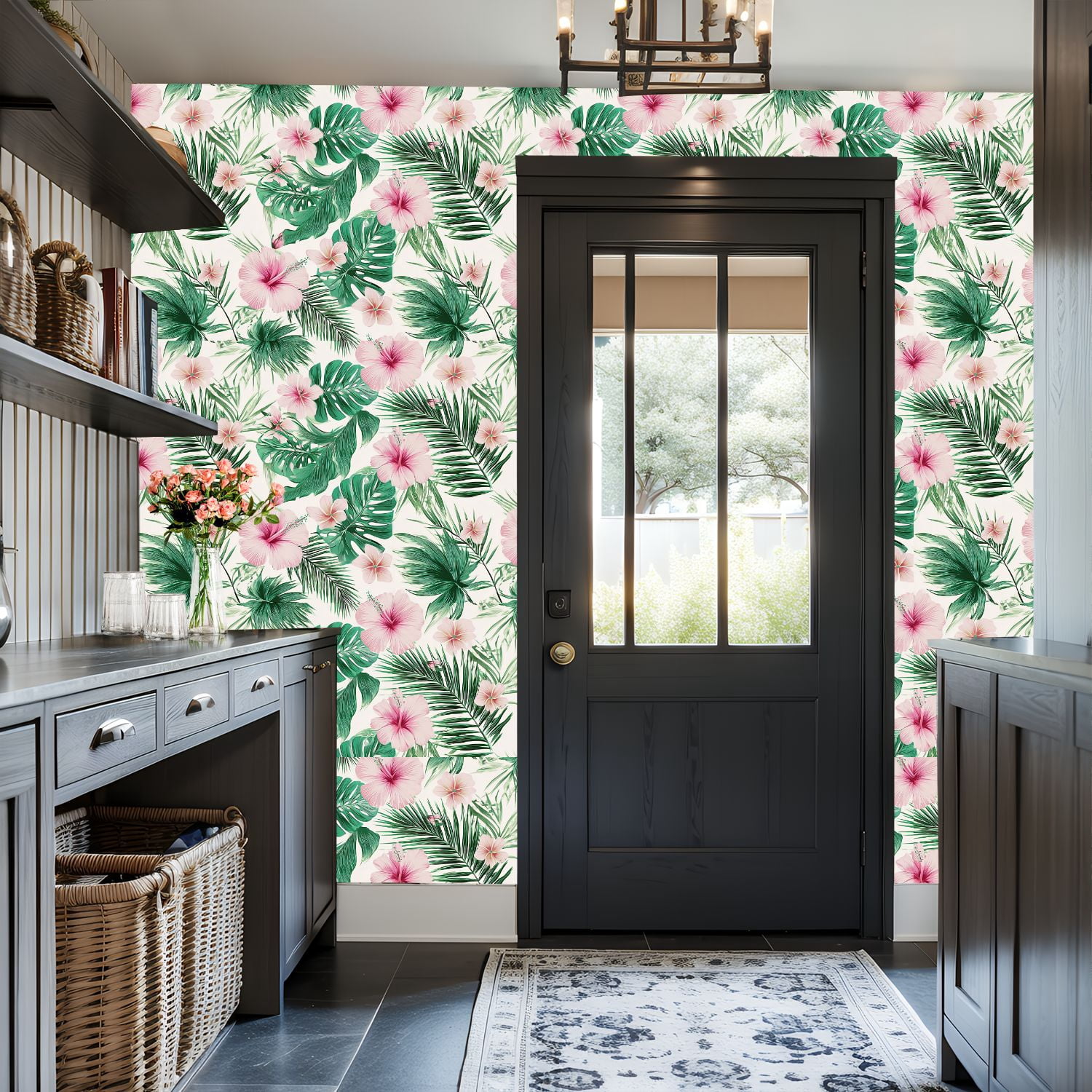 Peel and Stick Wallpaper Tropical Hibiscus Palm Leaf Pink Green Wall Mural 17.7in x 9.8ft Self Adhesive Removable Wall Paper Renter Friendly Wallpaper for Nursery Bedroom Cabinets
