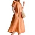 thumbnail image 3 of LUXUR Robe d'Été de Plage pour Femme, Robe Midi à Poches, Col Rond, Coupe Évasée, Respirante, Couleur Unie, Orange, 2TG, 3 of 3