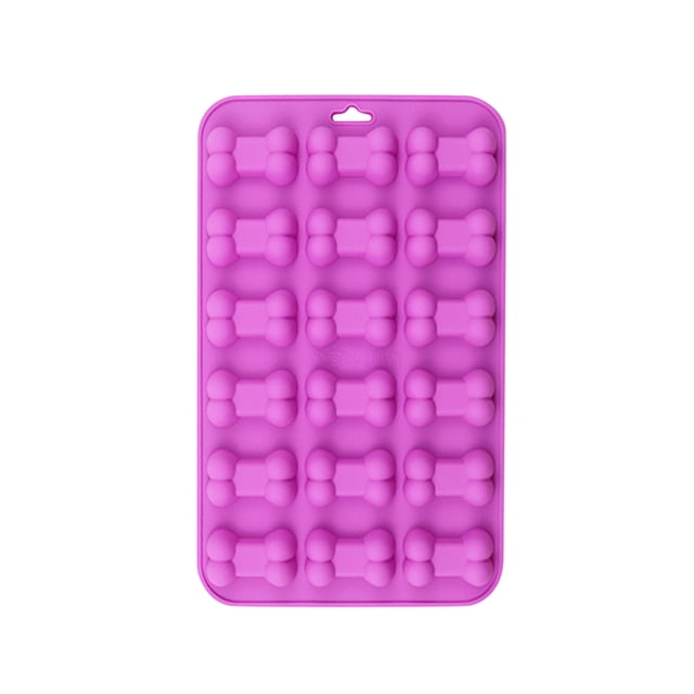 forma de silicona pastel galleta chocolate molde bandeja de hielo molde bandeja para hornear 3d wmkox8yii fhakjf2183 Molde de silicona violeta, vista frontal rectangular con 24 cavidades en forma de hueso 3D, superficie lisa y flexible, borde con orificio para colgar; soporta -40 a 220 °C y es apto para horno, microondas, lavavajillas y refrigerador; adecuado para chocolates, gelatinas y mini pasteles, y suele usarse para porcionar postres individuales.