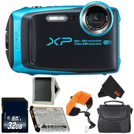 Fujifilm FinePix XP120 Digital Camera (Sky Blue) 600019758 + 32GB SDHC Class 10 Memory Card + FUJI XP RUGGED FLOATING STRAP + Memory Card Wallet + Small Soft Carrying Case