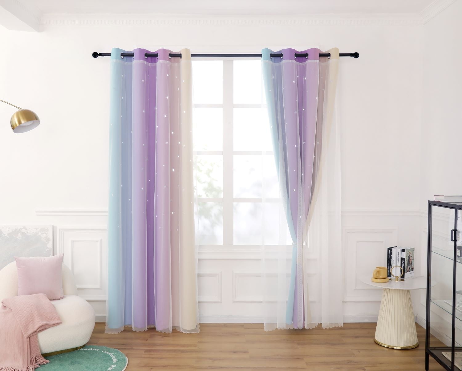 Anjee Blackout Curtains for Kids Girls Bedroom 2 Panel Curtains,Star Curtain Dual Layer Curtains with Sheer, 52" x 63",Blue Purple Yellow