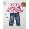 thumbnail image 3 of Yaoqi 3T Toddler Girl Outfit Set 4T Child Girls Winter Clothes Ruffle Long Sleeves Bowknot Butterfly Top Floral Ripped Denim Pants 2pcs Clothing Pink, 3 of 5