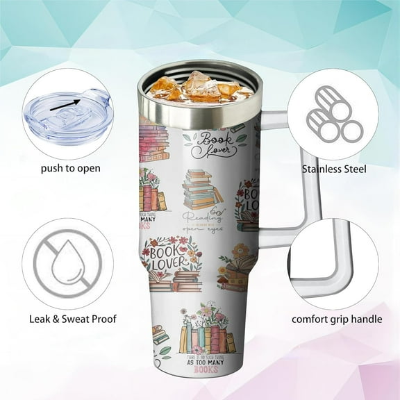 40oz Book Lovers Gifts Reading Tumbler with Lid and Straw for Women, Stainless Steel Insulated Cup, Coffee Mug Water Bottle for Bookworm Readers Librarian Bookish